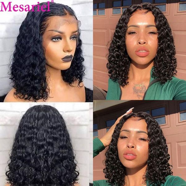 

lace wigs mesariel 13x1 front bob human hair for women black remy water wave wig, Black;brown