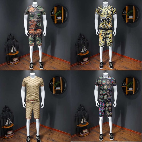 

ice silk printed suit summer korean fashion short sleeve shorts new men's wear two piece youth handsome clotheswinter, White;black