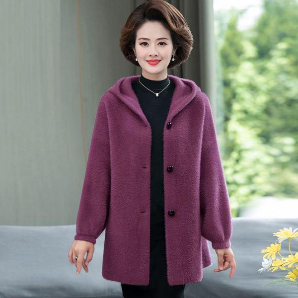 

women's knits & tees women 2021 autumn winter fashion mink velvet loose coats female middle-aged hooded jackets ladies sweater cardigan, White