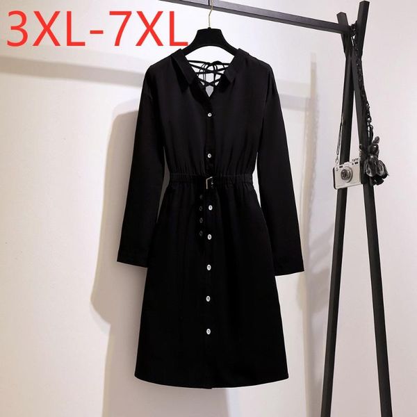 

casual dresses autumn winter ladies plus size dress for women large loose long sleeve button black belt v neck 4xl 5xl 6xl 7xl, Black;gray