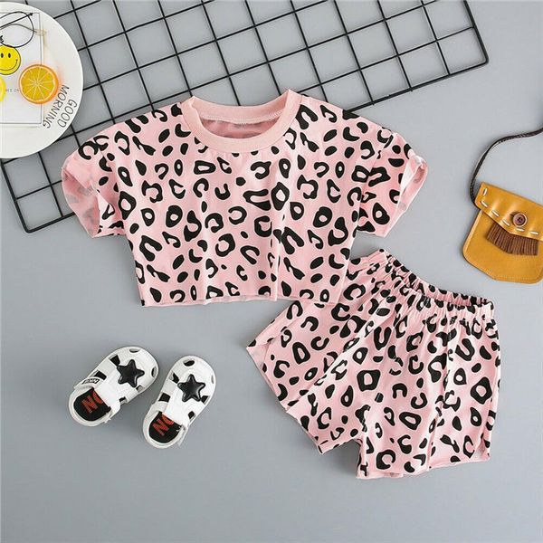 

baby girl kid summer toddler outfits clothes t shirt short pant 2pcs lepoard set, White