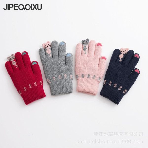 

fingerless gloves 2021 winter knitting full-finger children plus velvet warm boys girls cute simple design femme, Blue;gray