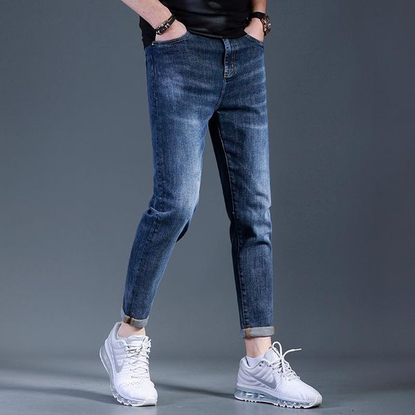 

men's jeans 2021 summer blue korean style casual men slim fit ankle-length pants