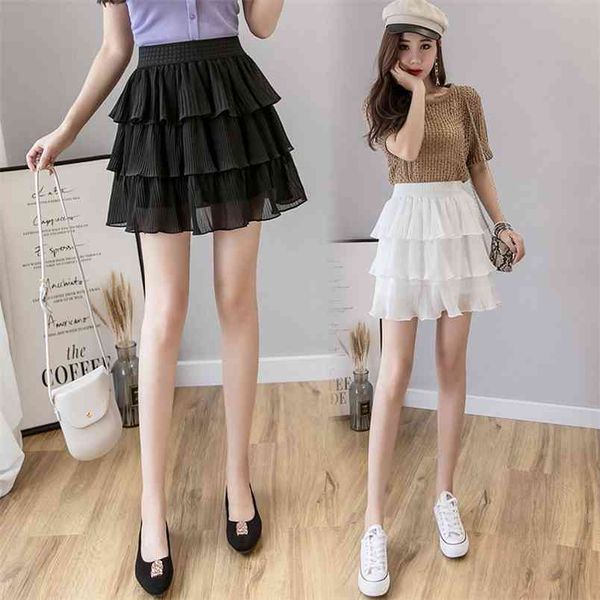 

summer chiffon cake skirt elastic high waist slim simple short casual all-match women pleated 210527, Black