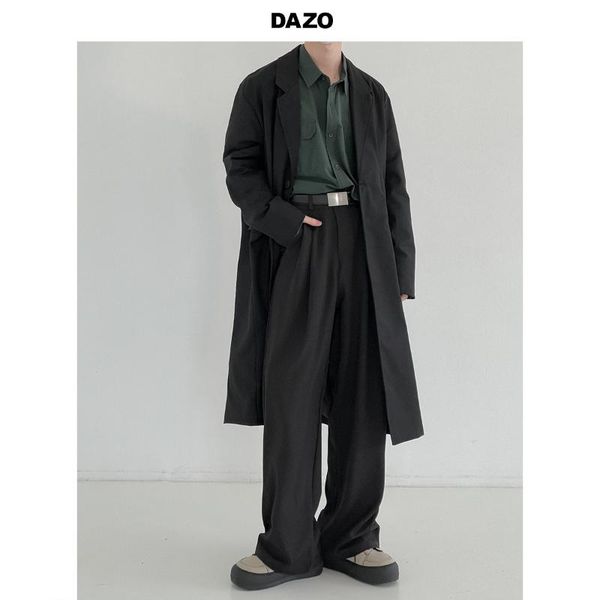 

men's trench coats spring and autumn windbreaker mid-length over-the-knee coat handsome loose trend high-level sense ins, Tan;black