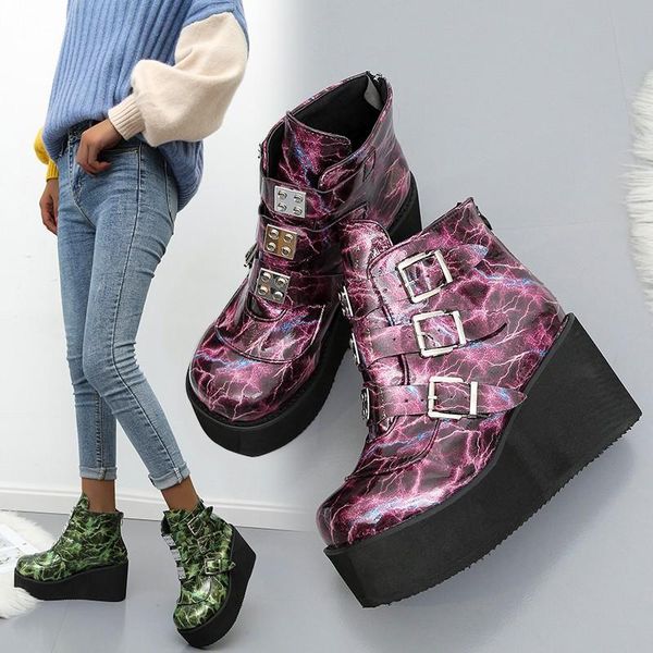 

boots short round head buckle belt wedge heel thick bottom female trade women's c586, Black