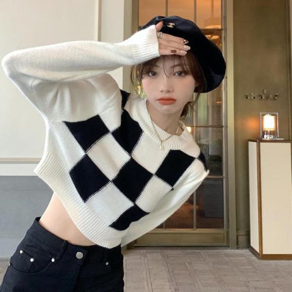 

women's sweaters sweater autumn spring korean fashion knit pullovers black white plaid soft jumper femme pull winter, White;black