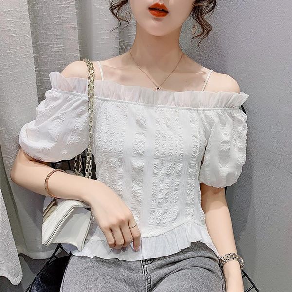 

women's blouses & shirts real s summer korean v-neck lace-up niche sweet bubble sleeve shirt french short-sleeved, White