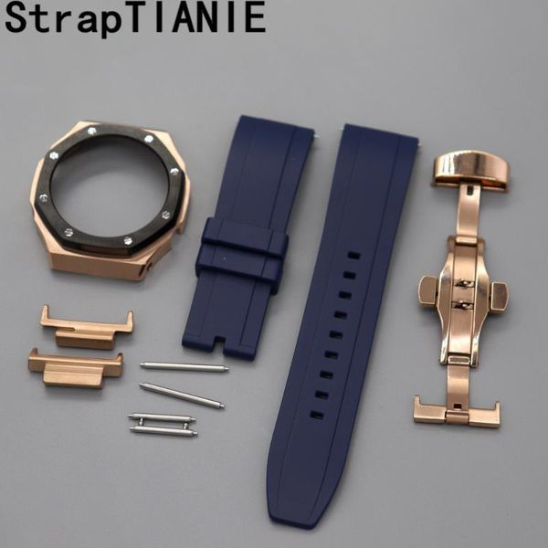 

watch bands rose gold band bezel metal stainless steel second generation frame bracelet accessory ga2100 fluorine rubber watchband, Black;brown