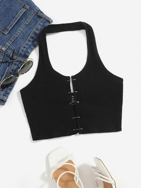 

pin front rib knit halter crop l3rw#, White