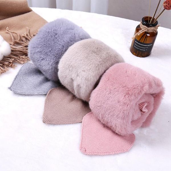 

plush scarf knitting wool scarf peach heart cross long skinny solid color faux fur collar winter neck warmer, Blue;gray