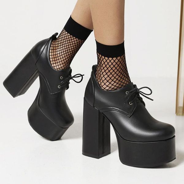 

dress shoes 2021 brand fashion gothic style big size 46 thick platform extreme high heels shoelaces casual pumps woman, Black