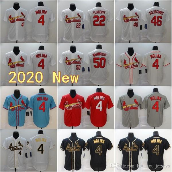 

mens 2020 new 4 molina 22 flaherty 46 goldschmidt 50 wainwright jersey white red grey baseball jerseys flexbase coolbase man shirt stitched, Blue;black