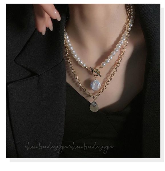 

chains south korea double layered pearl necklace female retro simple clavicle chainjewelry for woman trend 2021, Silver