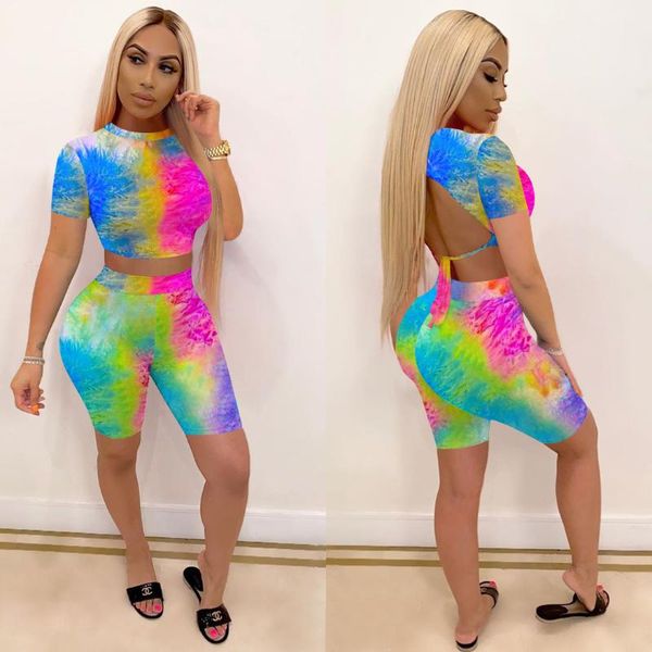 

anjamanor tie dye open back crop biker shorts 2 piece sets womens outfits summer 2021 tracksuit active wear d27-cd29, Gray
