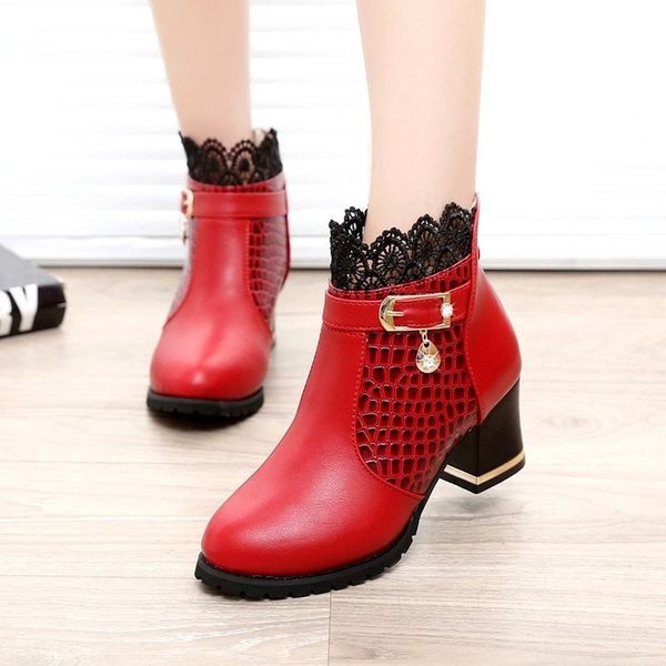 

boots 2021 autumn and winter high-heeled women's short thick heel ankle lace round toe shoes, Black