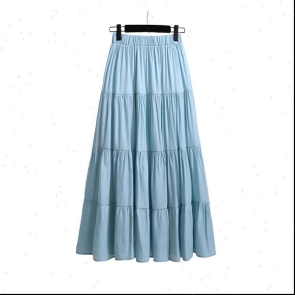 

women skirt solid color summer high waist skirt stitching literary fresh big swing a line long skirt for female, Black
