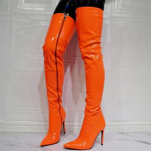 

boots stiletto lady's patent leather thigh high fashion side zipper pointy toe over knee thin heel orange size 47, Black