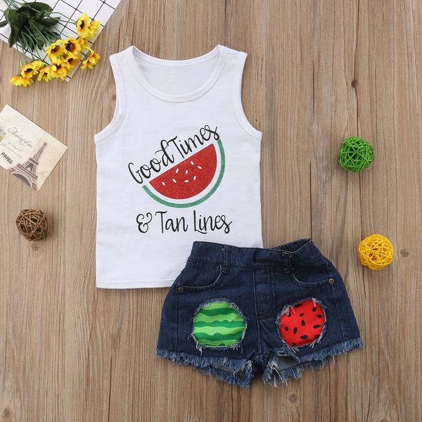 

1-6y summer toddler baby girls sets lovely pretty 2pcs watermelon letter print white vest shorts clothes sets