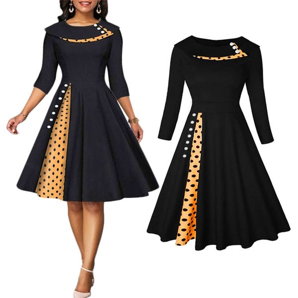 

women's autumn and winter polka dot stitched 3 / 4 sleeve dress, Black;gray