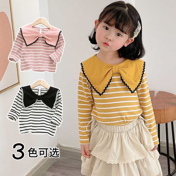 

girls' 2021 t-shirt long spring sleeve new striped bow lapel children's top, Black;white