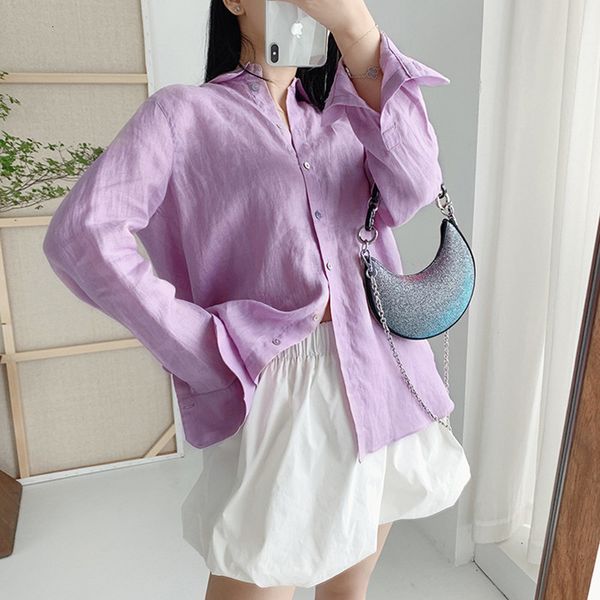 

2021 new roxo branco da camisa das mulheres linho de manga longa solta turn-down collar primavera outono senhora blusa com botes novo 5f1g, Black