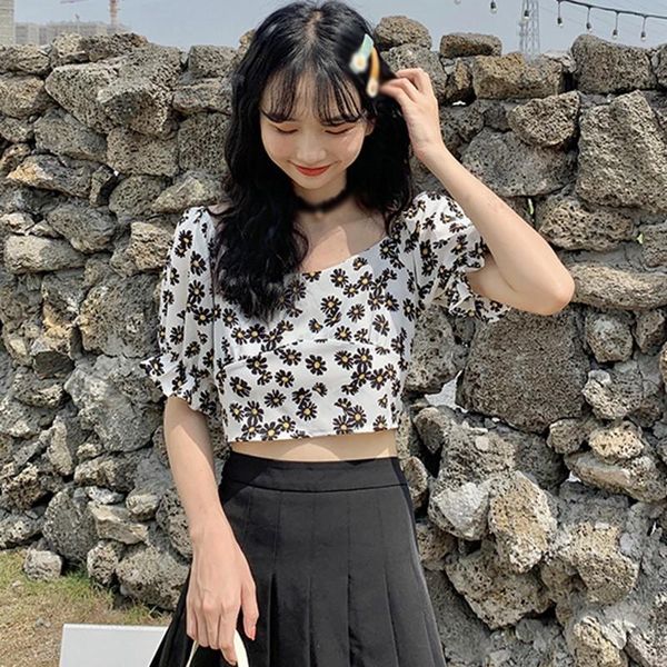 

sweet floral print blouses summer square collar shirt fashion short sleeve women blouse, White