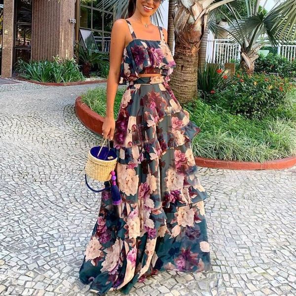 

2021 spring boho new women chiffon two piece set long skirt floral printed ruffles high waist casual outfit mg249, Gray