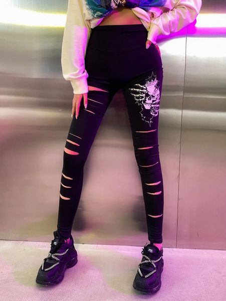 

meysi kim finger skeleton & skull print ripped leggings k62i#, Black
