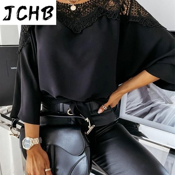 

women's t-shirt solid fashion color t-shirts women summer hollow out lace splicing bow decor see through o-neck three quarter sleeve lo, White