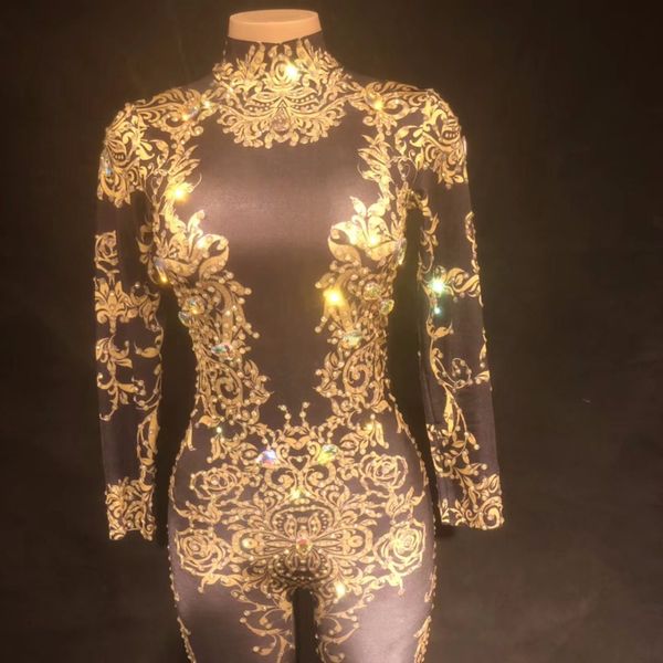 

women gold rhinestones jumpsuit performance outfit female singer leggings nude black big crystals costume dance bodysuit, Black;red