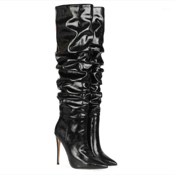 

boots fashion women's boots, pleated decoration, about 12cm high-heeled knee length boots. size:34-451, Black