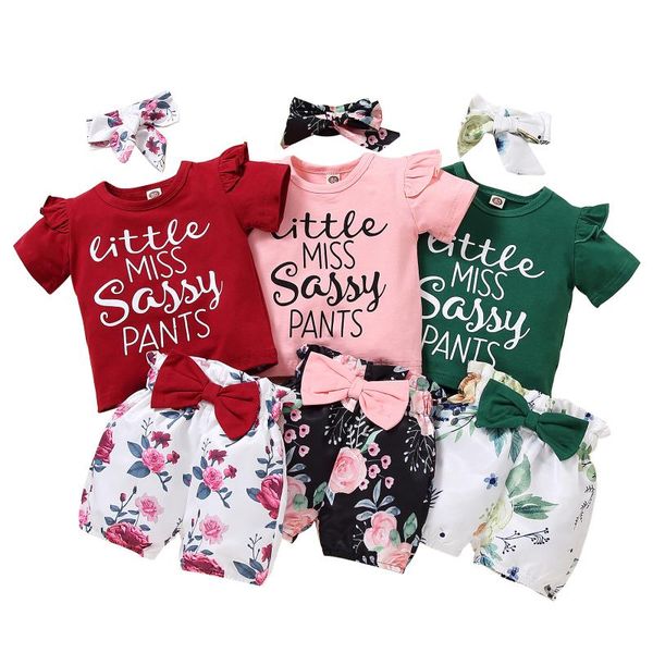 

clothing sets 3 pcs infant casual outfits baby girl 12m-5t letter print sleeve round neck t-shirt + shorts with bowknot headband, White