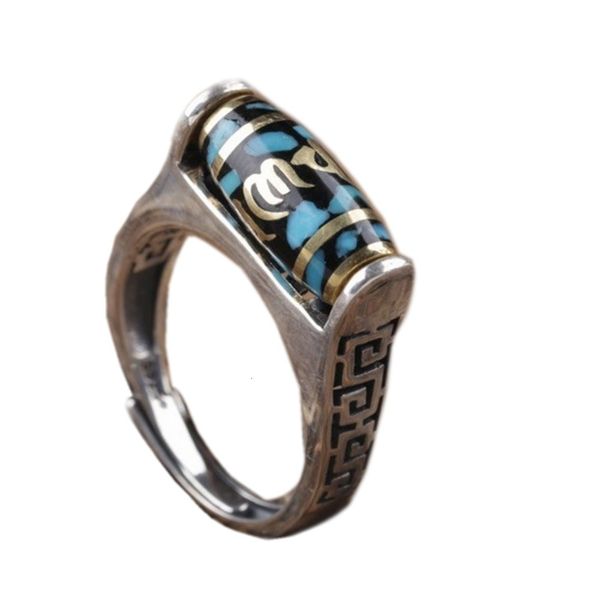 

2021 new pure s925 sier dzi beads, six-character mantra good luck rotating inlaid with natural turquoise man and woman ring m3jb, Silver