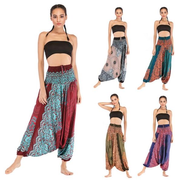 

women's pants & capris fashion print crss-pants leisure high-waist bohemian loose crotch thai harem lady trousers lace-up, Black;white