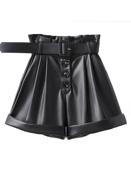 

rain wear black pu leather shorts women's korean style high waist slimming trendy ins loose a- line wide leg pants outerwear