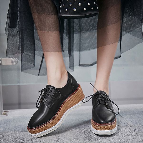 

womens genuine leather thick sole platform flats oxfords leisure soft comfortable female brogue footwear round toe casual shoesdress shoes