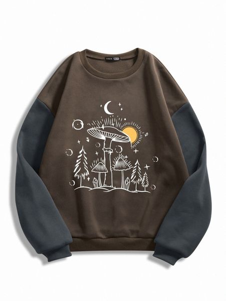 

two tone mushroom & moon print thermal lined sweatshirt y8nw#, White;black