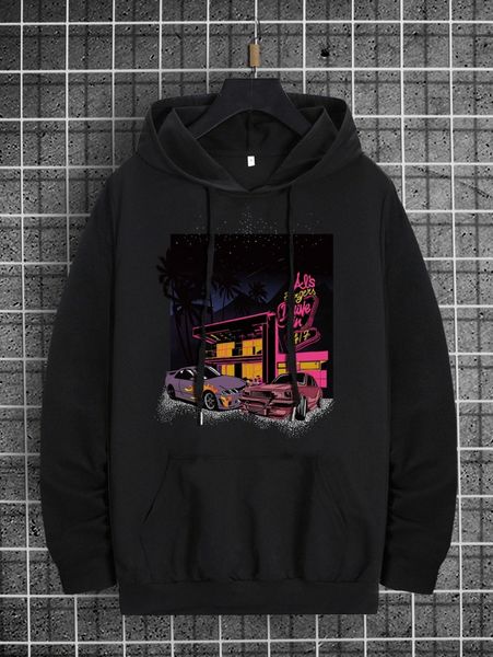 

men car & letter graphic drawstring hoodie l9ot#, Black