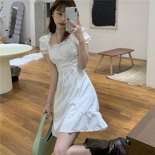 

short sleeve sweet white womens dresses bandage puff square collar summer birthday for women vestidos de mujer, Black;gray