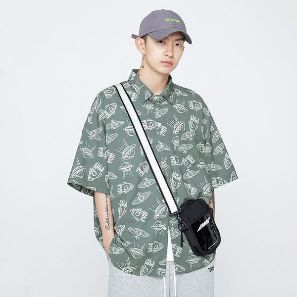 

men's casual shirts the main push series 2021 summer trendy brand short-sleeved shirt loose full-version printed half-sleeved, White;black