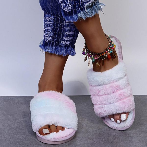 

slippers women home with faux fur 2021 fashion flat shoes colorful for woman flats basic slipper 36-41, Black