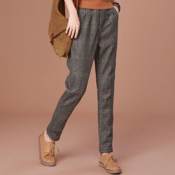 

women's pants & capris 2021 autumn winter women plaid woolen straight trousers female high waist loose england style ankle-length x848, Black;white