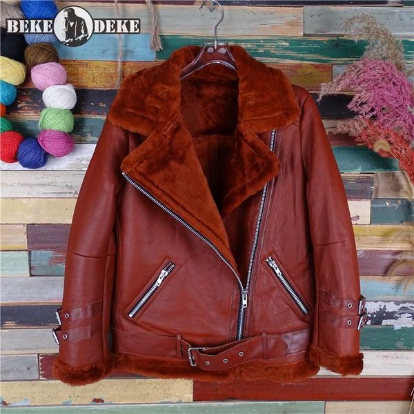 

classic motorcycle jacket women winter thick shearling sheepskin coat warm wool lining outerwear genuine leather bikers jackets, Black