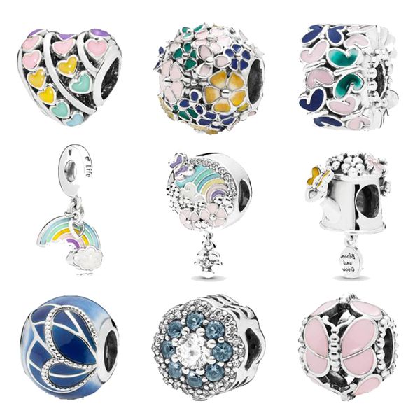 ANOMOKAY 100 % Sterling 925 Silber Mix Style Regenbogen Herz Frühling Serie Charms Perlen passen Pandora Armband DIY Armband Geschenk Q0531