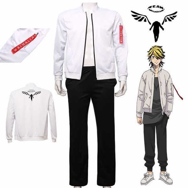 Anime Tokyo Revengers Hanemiya Kazutora Cosplay Kostüm Perücke Reißverschluss Weiße Jacke Valhalla Uniform Baseball Mantel Halloween Party Y0903