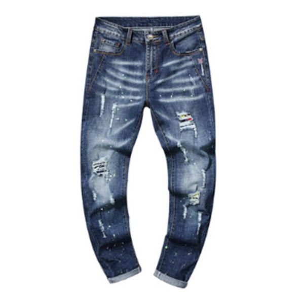 

men's jeans ripped embroidered slim stretch straight-leg, Blue