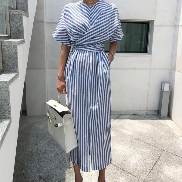 

plus size dresses women summer dress blue striped bandage split long pocket casual party maxi female beach sundress robe femme, Black