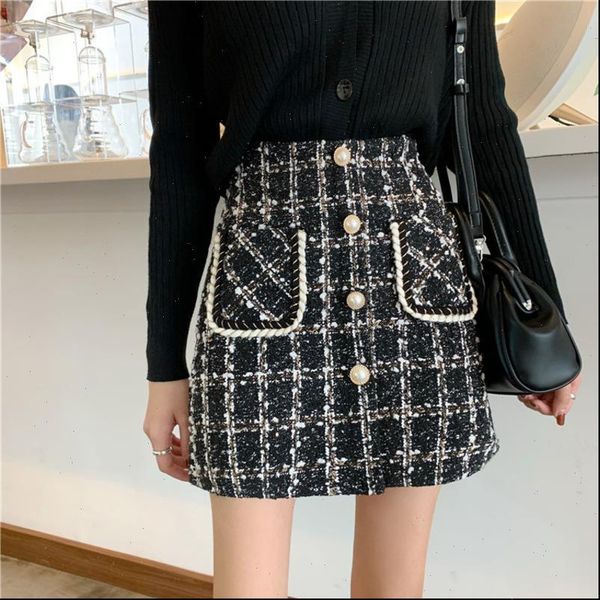 

fashion tweed plaid short women skirt a line mini black knitted korean school female high waist skirts womens kilt