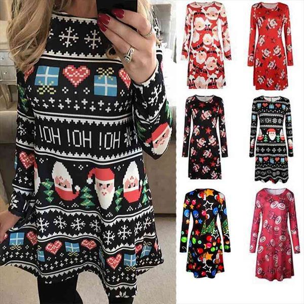 

winter christmas long sleeve o-neck womens dresses cartoon print party fashion loose year female a-line vestidos, Black;gray